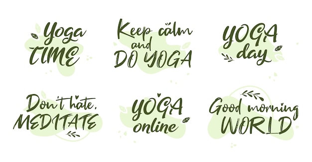 A set of green inscriptions on the theme of yoga Yoga time Keep calm and do yoga yoga day good morning world Flat vector inscriptions