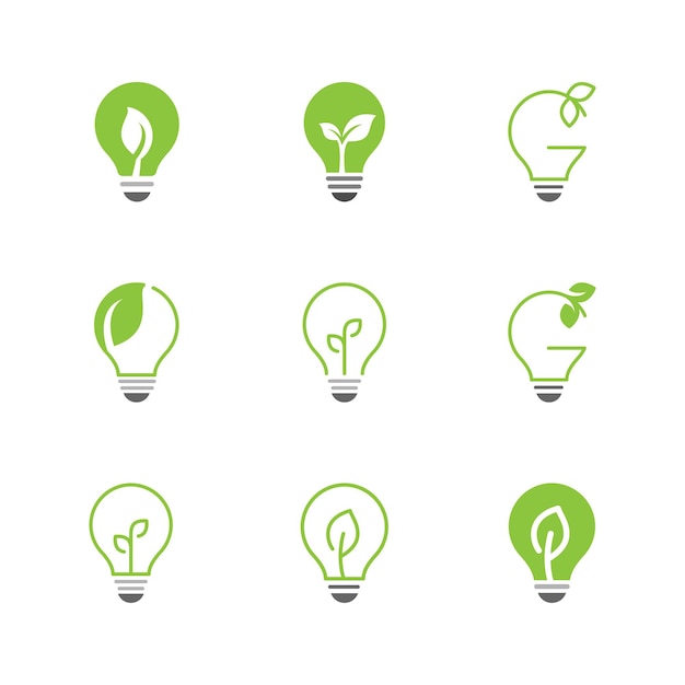 Set of green leaf light bulb logo design vector, green energy, environmentally friendly energy