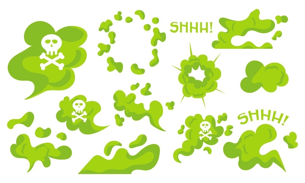 Set of green poison gas Collection of toxic icon and polluted clouds Dangerous dust with skull