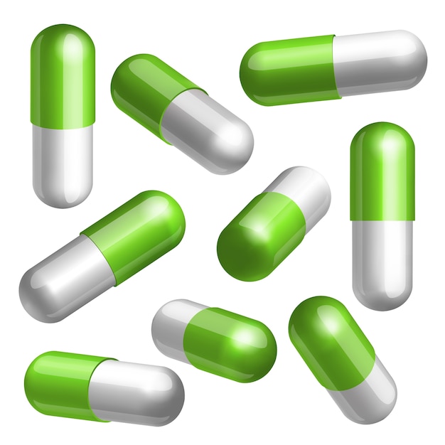 Set of green and white medical capsules in different positions  illustration