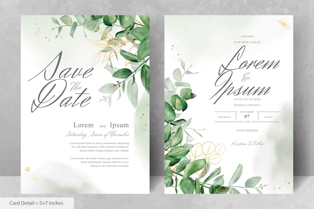 Set of Greenery Watercolor Wedding Invitation Card Template