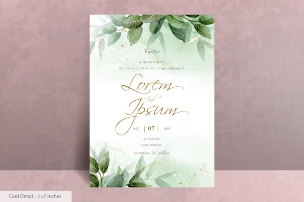 Set Of Greenery Watercolor Wedding Invitation Template with Hand Drawn Leaves