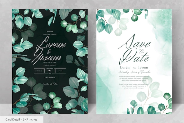 Set of greenery Wedding Invitation Card Template with Eucalyptus Arrangement Leaves