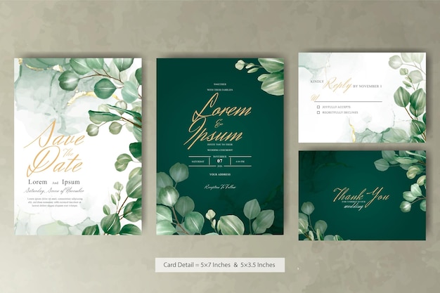 Set of greenery Wedding Invitation Card Template with Eucalyptus Arrangement Leaves