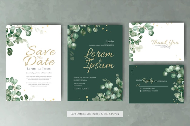 Set of greenery Wedding Invitation Card Template with Eucalyptus Arrangement Leaves