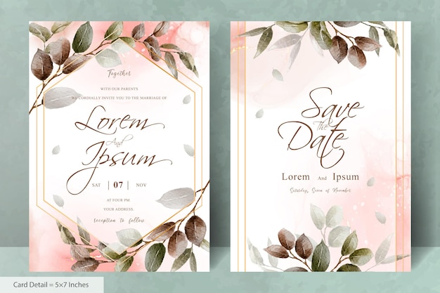 Set of Greenery Wedding Invitation with hexagon foliage frame