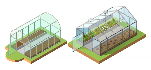 Set greenhouse for growing vegetables. Isometric icon 3d illustration