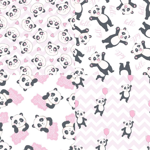 Vector set of greeting card and seamless pattern with hand drawn cute pandas and hearts for valentines day mothers day fathers day birthday wedding