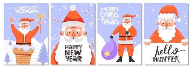 Set of greeting card with Santa Claus character in various poses and lettering