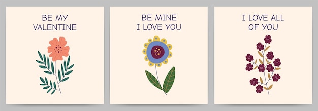 Set of greeting cards Happy Valentine's Day declaration of love Square templates with flowers