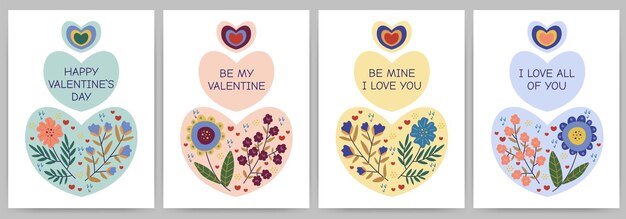 Set of greeting cards Happy Valentine's Day declaration of love templates with flowers hearts