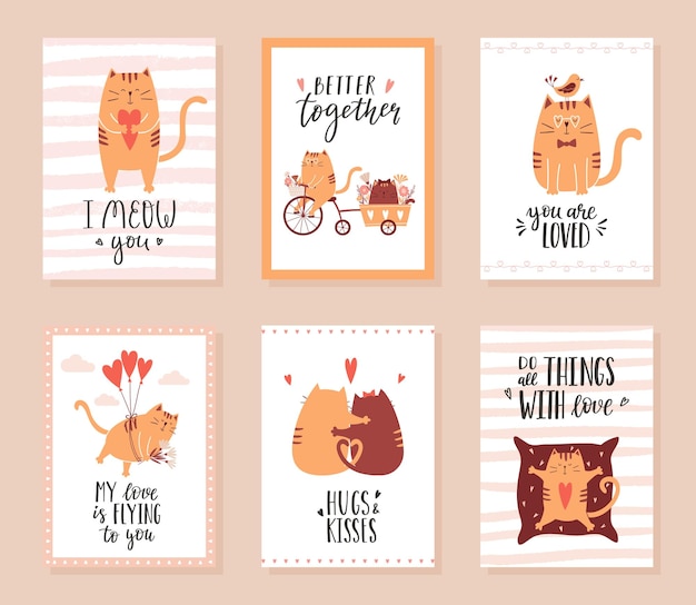 A set of greeting cards posters for Valentine's Day with handwritten lettering phrases and cute cats in loveCats are hugging riding a bicycle giving a heart Vector illustrations in cartoon style