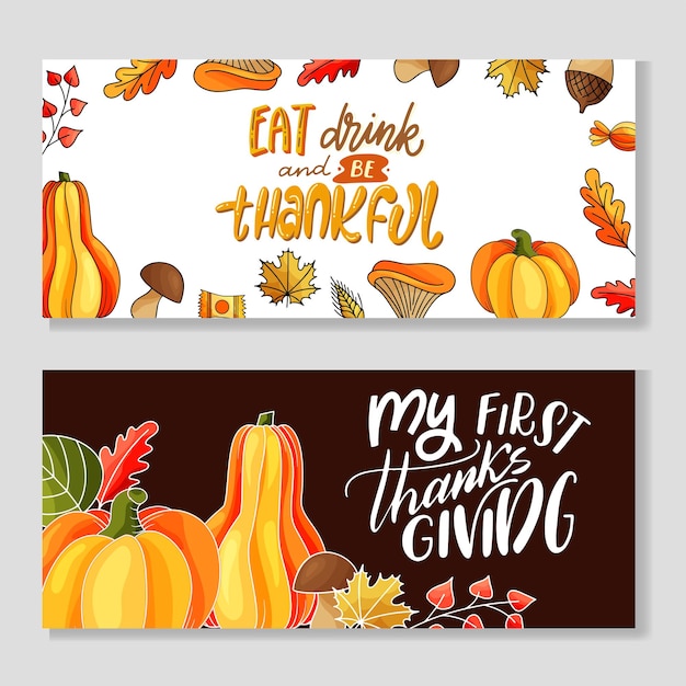 Set of greeting cards for Thanksgiving Day Seasonal lettering with hand drawn quote Vector