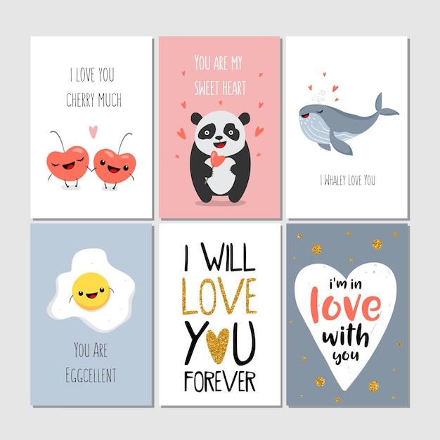 Set of greeting cards with panda, cherry, heart, whale, egg, lettering. Vector illustration, printable collection. Happy Valentine s Day.