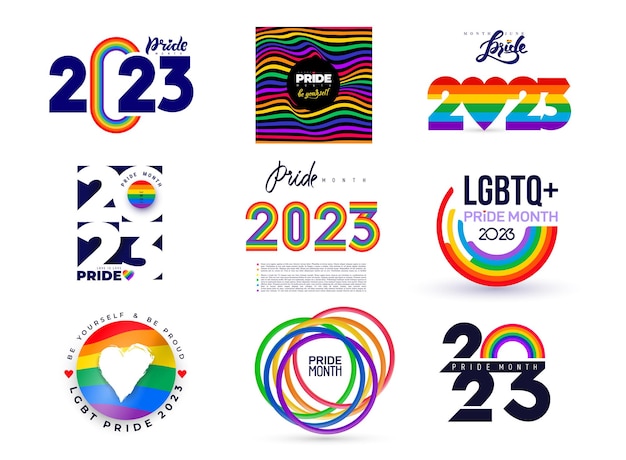 Set of greeting logo for LGBTQIA Pride 2023 Month Social media post with groovy queer slogans and phrase Template LGBT rainbow flag colors love word in heart shape and Gay Pride Loading bar Vector