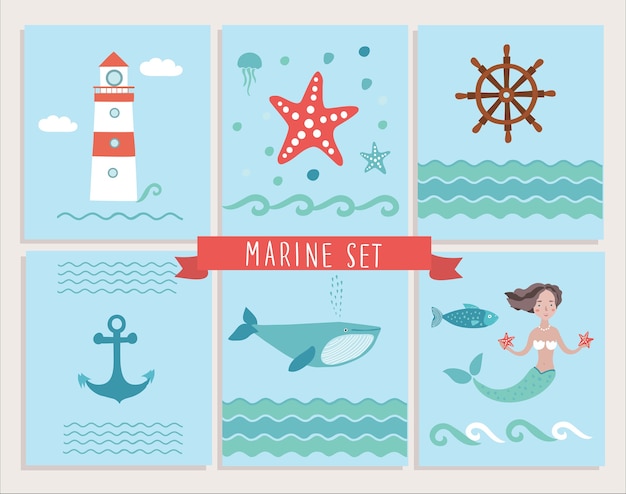 set of greeting marine cards and sea elements