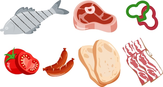 set of grillable food icons namely sausages steak vegetables fish and toast for designs poster