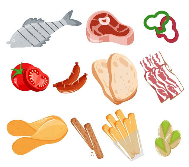 set of grillable food icons and various snacks namely sausages potato chips croutons steak