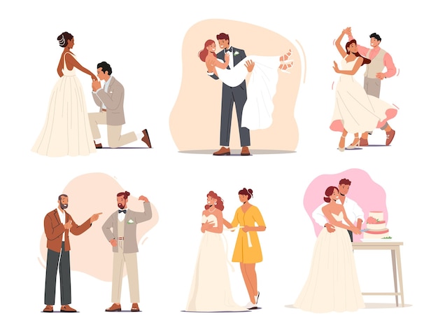 Set Groom and Bride Wedding Ceremony Man Carry Woman on Hands Kiss Hand Couple Dance and Cut Cake Together