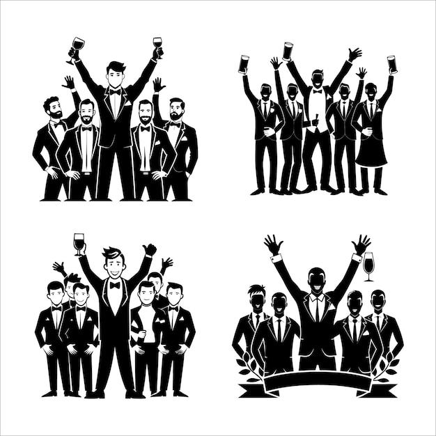 Set of Groom and Friends Black Silhouette Depicting a Groom with His Friends Celebrating