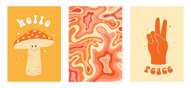 Vector set of groovy posters in 70s and 60s hippy style psychedelic mushroom hand and abstract swirl