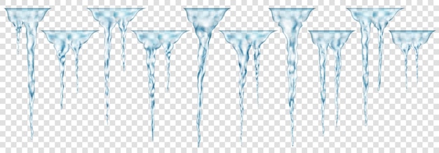 Set of groups of translucent light blue realistic icicles of different lengths connected at the top For use on light background