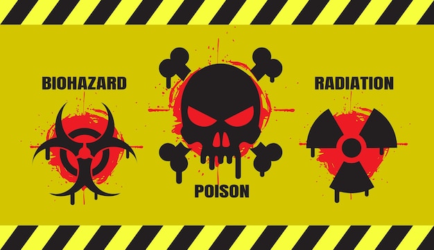 Set of grunge danger banners containing three official international hazard symbols