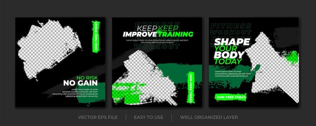 Vector set of grunge gym and fitness social media post template