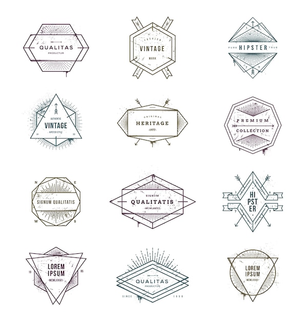 Set of grunge hipster logo and emblems with sunburst rays