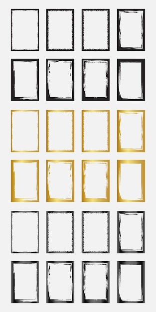 Set of grunge rectangle border frames with black gold and metallic color