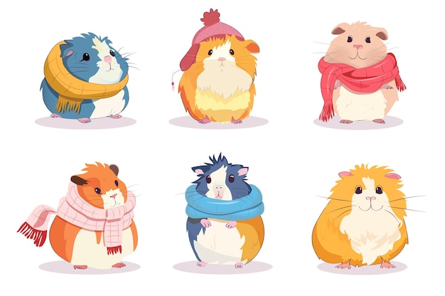 Set of Guinea pig hamster with a scarf A flat cartoonstyle design featuring a set