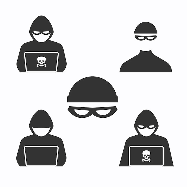 Set of hackers icon Cyber criminal at laptop Stealing user personal data Internet phishing