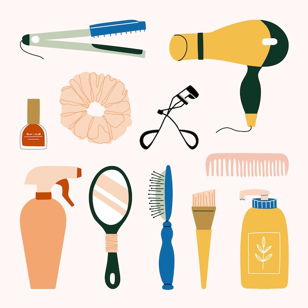 Set of hairdressing tools, manicure, makeup and cosmetic beauty products. Hair flat iron, hairdryer, comb, shampoo, hand mirror, brush, spray, eyelash curler, scrunchies and nail polish illustration.