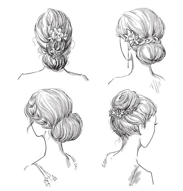 Vector set of hairstyles. bridal hairdo vector line drawing