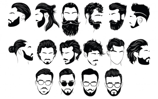 Set of hairstyles for men. Collection of black silhouettes of hairstyles and beards.