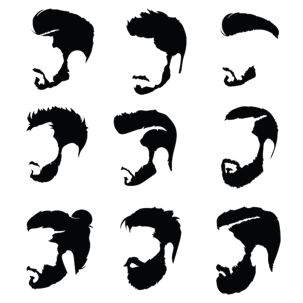 Set of hairstyles for men. Collection of black silhouettes of hairstyles and beards.