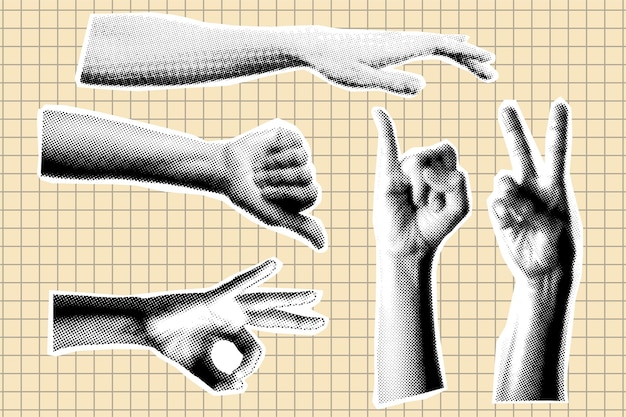 set of halftone hands Trendy halftone style for collages Modern vector illustration