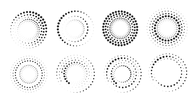 Set of halftone round dotted frames. Design element for frame, logo, web pages, prints, posters.