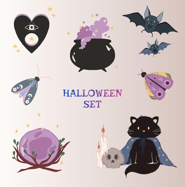 Set halloween attributes. Butterflies, cauldron, crystal ball, cat, heart.