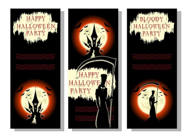 Vector set of halloween background or flyer death with scary scythe bats castle and bloody