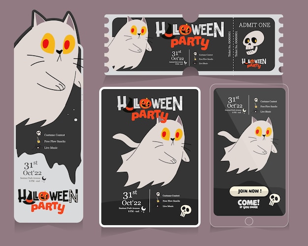 Vector set of halloween banner invitation and ticket with white ghost cute cat illustration