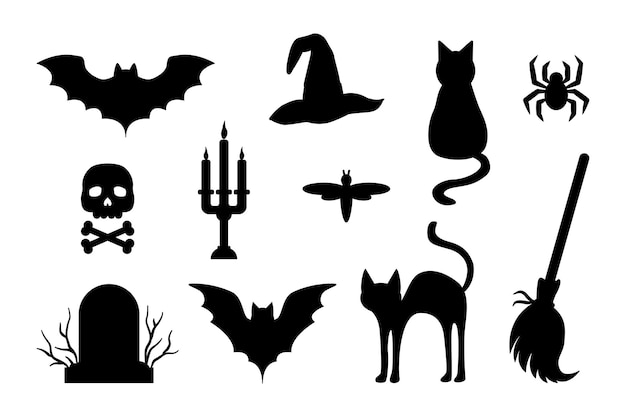 Set of Halloween black silhouettes on a white background