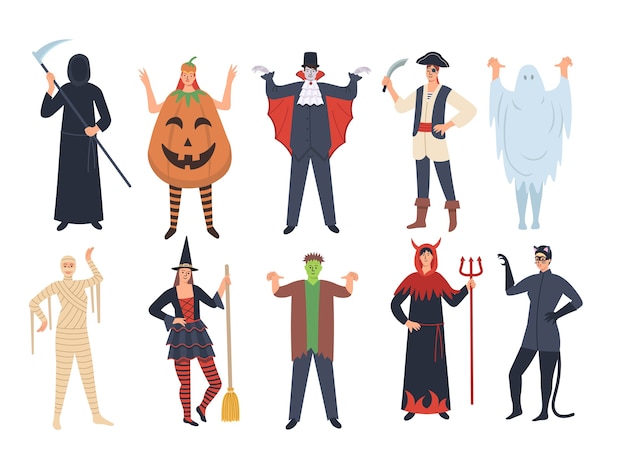 Vector set of halloween cartoon characters: pumpkin, vampire, death, ghost,  witch, frankenstein, pirate, devil, catwoman. halloween party.   cartoon  illustration.