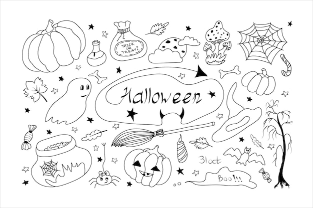 Set of halloween clipart Hand drawn cute and funny halloween doodle symbols and characters