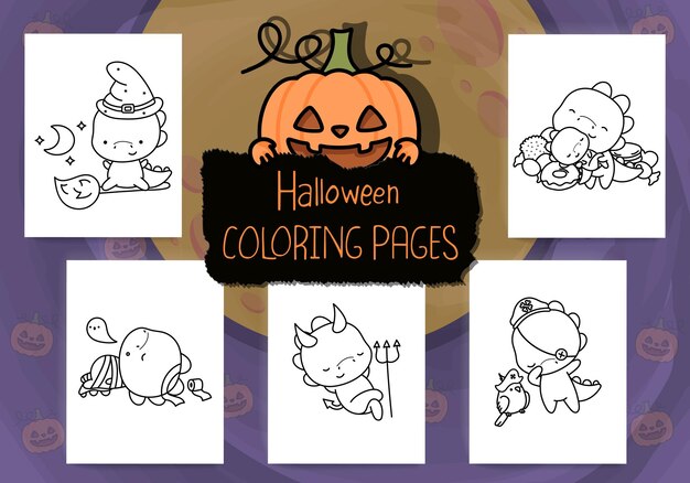 Set of Halloween Coloring Pages. Collection of Outline Halloween Dino Clipart.