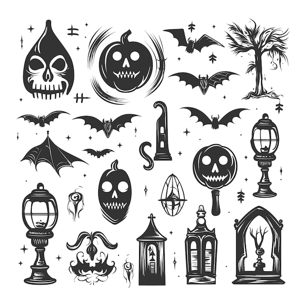 Set of Halloween design elements Black icons on a white background Vector illustration