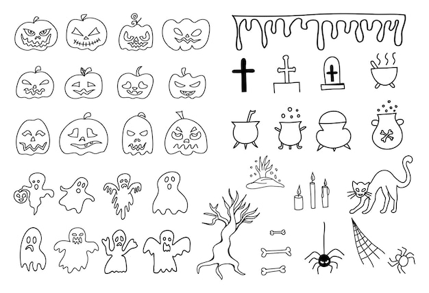 Set of Halloween doodle style vector on a white background