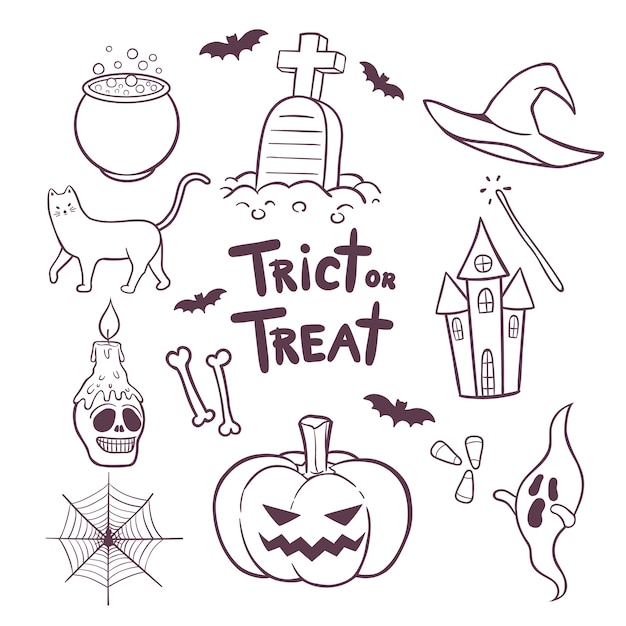 Set of Halloween elements hand drawn doodles