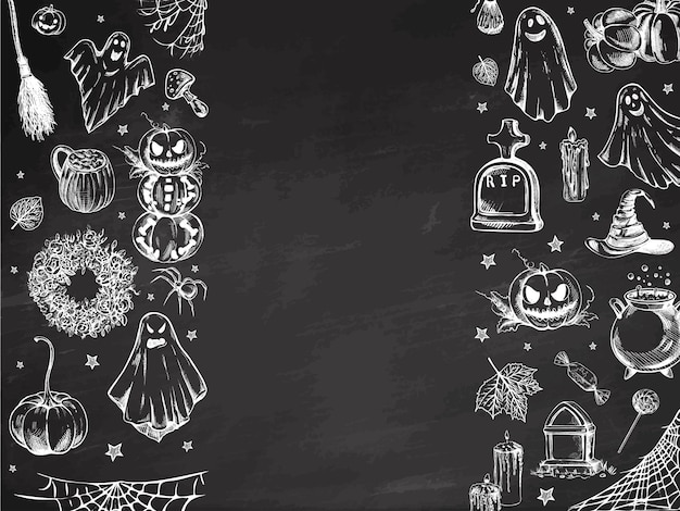 Vector set of halloween elements in sketch style design of ghosts creepy and spooky elements for halloween