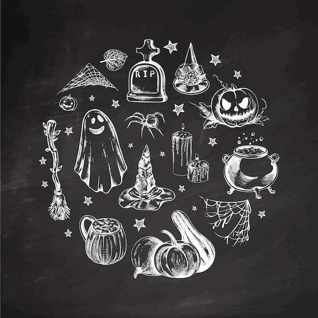 Vector set of halloween elements in sketch style design of spooky elements on chalkboard background